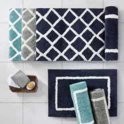 Bathroom Rugs-Kirkland's Home Gray Geometric Pattern Reversible Bath Mat, 34 In. Gray/White