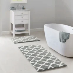 Bathroom Rugs-Kirkland's Home Gray Geometric Pattern Reversible Bath Mat, 60 In. Gray/White