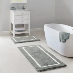 Bathroom Rugs-Kirkland's Home Gray Geometric Pattern Reversible Bath Mat, 60 In. Gray/White