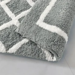 Bathroom Rugs-Kirkland's Home Gray Geometric Pattern Reversible Bath Mat, 60 In. Gray/White