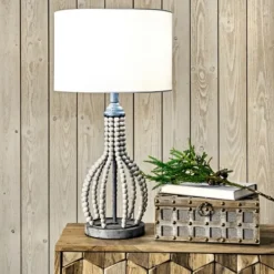 Table Lamps-Kirkland's Home Gray Iron And Rattan Beaded Table Lamp White