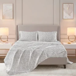 Bed Sheets-Kirkland's Home Gray Leopard Print Satin 4-Pc. Queen Sheet Set White/Gray