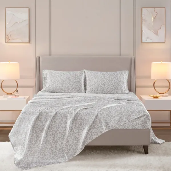 Bed Sheets-Kirkland's Home Gray Leopard Print Satin 4-Pc. Queen Sheet Set White/Gray