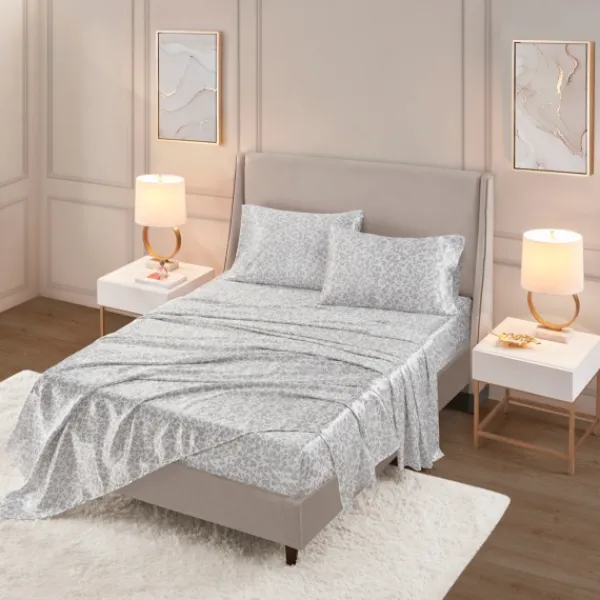Bed Sheets-Kirkland's Home Gray Leopard Print Satin 4-Pc. Queen Sheet Set White/Gray