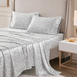 Bed Sheets-Kirkland's Home Gray Leopard Print Satin 4-Pc. Queen Sheet Set White/Gray