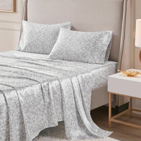 Bed Sheets-Kirkland's Home Gray Leopard Print Satin 4-Pc. Queen Sheet Set White/Gray