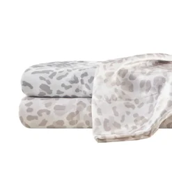 Bed Sheets-Kirkland's Home Gray Leopard Print Satin 4-Pc. Queen Sheet Set White/Gray