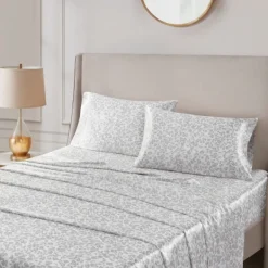 Bed Sheets-Kirkland's Home Gray Leopard Satin Standard 2-Pc. Pillow Case Set White/Gray