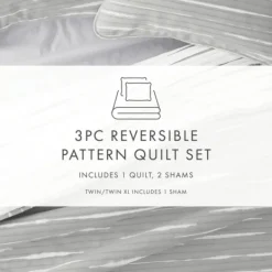 Quilts-Kirkland's Home Gray Linear Reversible 3-Pc. Queen Quilt Set Gray/White