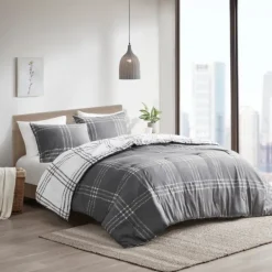 Comforters-Kirkland's Home Gray Plaid Dayton 3-Pc. King Comforter Set Gray/White