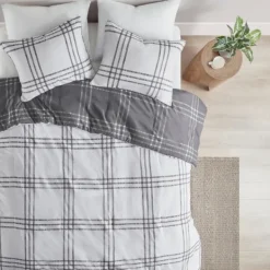 Comforters-Kirkland's Home Gray Plaid Dayton 3-Pc. King Comforter Set Gray/White