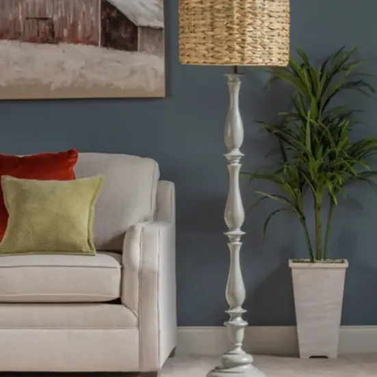 Floor Lamps-Kirkland's Home Gray Resin Floor Lamp With Hand Woven Raffia Shade Gray/Brown