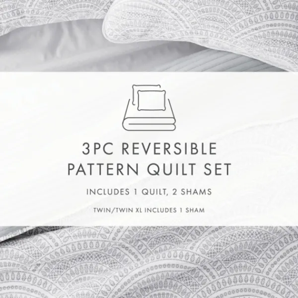 Quilts-Kirkland's Home Gray Scalloped Reversible 3-Pc. King Quilt Set Gray/White