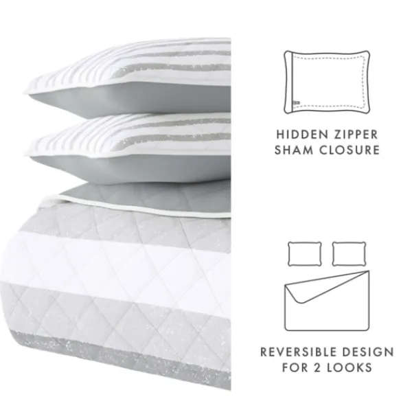 Quilts-Kirkland's Home Gray Striped Reversible 3-Pc. King Quilt Set Gray/White