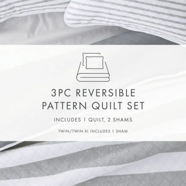 Quilts-Kirkland's Home Gray Striped Reversible 3-Pc. King Quilt Set Gray/White