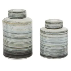 Decorative Bowls & Jars-Kirkland's Home Gray Striped Stoneware Jars With Lids, Set Of 2 Gray/Green