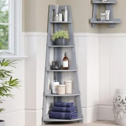 Bookshelves-Kirkland's Home Gray 5-Tier Corner Ladder Bookshelf