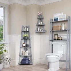 Bookshelves-Kirkland's Home Gray 5-Tier Corner Ladder Bookshelf