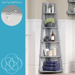 Bookshelves-Kirkland's Home Gray 5-Tier Corner Ladder Bookshelf