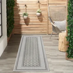 Outdoor Rugs-Kirkland's Home Gray Tile Motif Outdoor Runner, 2X7 Gray/White