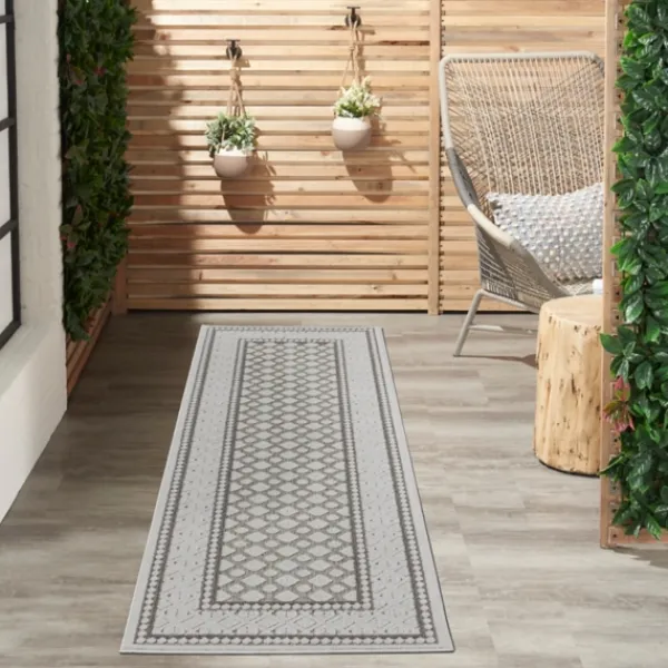 Outdoor Rugs-Kirkland's Home Gray Tile Motif Outdoor Runner, 2X7 Gray/White