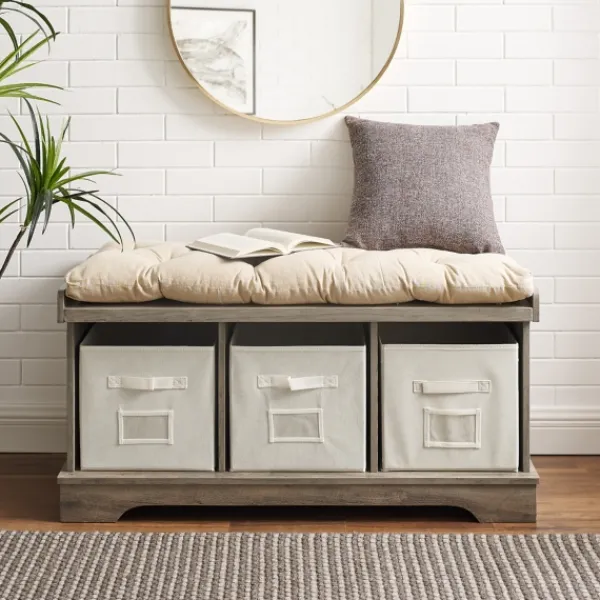 Benches & Ottomans-Kirkland's Home Gray Wash Entryway Bench And Storage Bins Tan