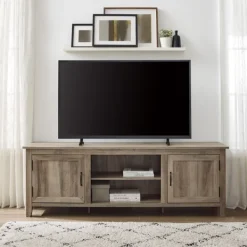 Tv Stands & Media Consoles-Kirkland's Home Gray Wash Wood Grooved Door Tv Stand Brown