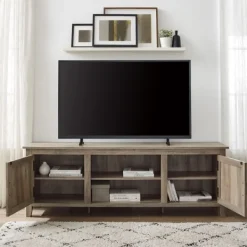 Tv Stands & Media Consoles-Kirkland's Home Gray Wash Wood Grooved Door Tv Stand Brown