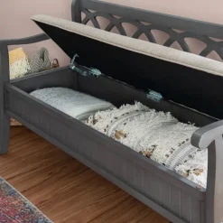 Benches & Ottomans-Kirkland's Home Gray Wood Upholstered Storage Bench Gray/White