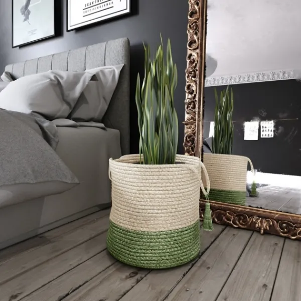 Baskets & Boxes-Kirkland's Home Green And Cream Woven Basket With Tassel, 17 In. Green/White