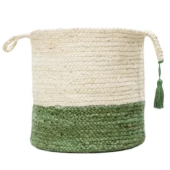 Baskets & Boxes-Kirkland's Home Green And Cream Woven Basket With Tassel, 19 In. Green/White