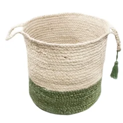 Baskets & Boxes-Kirkland's Home Green And Cream Woven Basket With Tassel, 19 In. Green/White