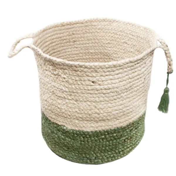 Baskets & Boxes-Kirkland's Home Green And Cream Woven Basket With Tassel, 19 In. Green/White