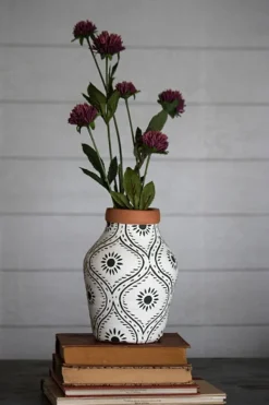 Vases-Kirkland's Home Green And White Floral Terracotta Vase White/Green