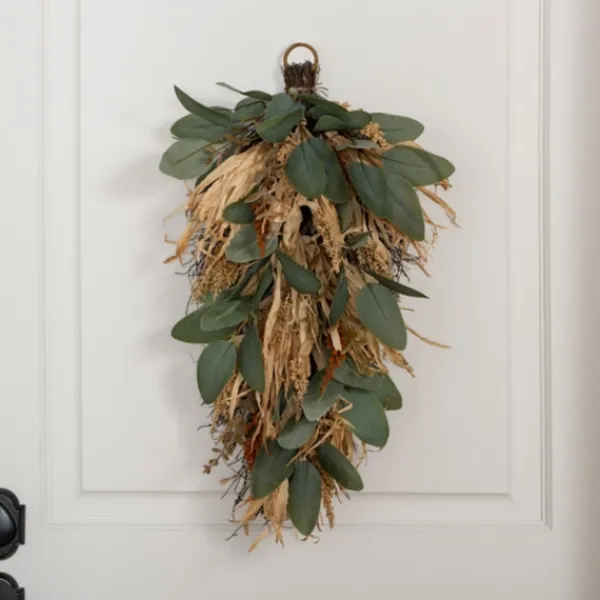 Wreaths-Kirkland's Home Green Eucalyptus And Heather Wheat Teardrop Swag Green/Tan