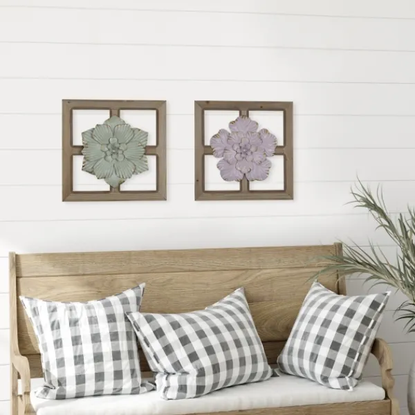Wall Plaques-Kirkland's Home Green Metal Flower Wood Frame Wall Sculpture Green/Brown