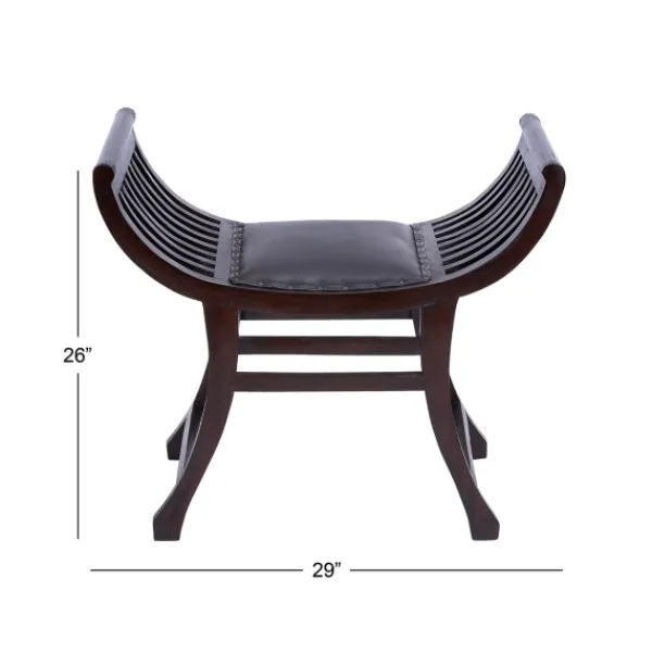 Benches & Ottomans-Kirkland's Home Grommet Leather And Mahogany Ottoman Brown