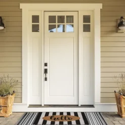 Doormats-Kirkland's Home Hello Cabana Stripe Coir Doormat Tan/Black/White