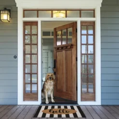 Doormats-Kirkland's Home Hello Cabana Stripe Coir Doormat Tan/Black/White
