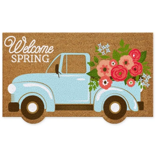 Doormats-Kirkland's Home Hello Spring Flower Truck Coir Doormat Tan/Blue/Pink