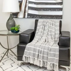 Blankets & Throws-Kirkland's Home Herringbone Striped Throw Black