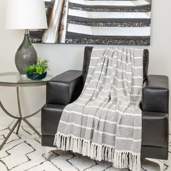 Blankets & Throws-Kirkland's Home Herringbone Striped Throw Black
