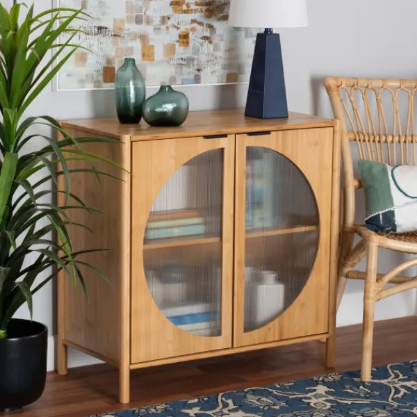 Cabinets & Sideboards-Kirkland's Home Honey Crescent Window 2-Door Cabinet Brown