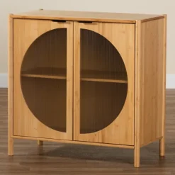 Cabinets & Sideboards-Kirkland's Home Honey Crescent Window 2-Door Cabinet Brown