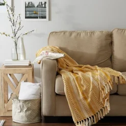 Blankets & Throws-Kirkland's Home Honey Gold Braided Fringe Throw Yellow