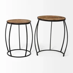 Accent & End Tables-Kirkland's Home Honey Wood And Black Metal Accent Tables, Set Of 2