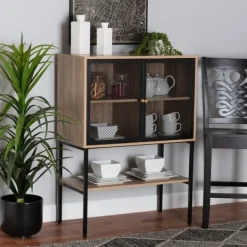 Cabinets & Sideboards-Kirkland's Home Honey Wood And Metal Mesh Cabinet Brown