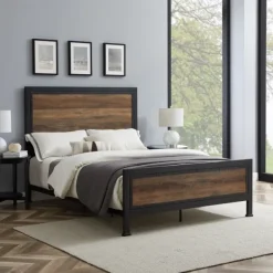 Beds & Headboards-Kirkland's Home Industrial Rustic Oak Queen Bed With Metal Frame Brown