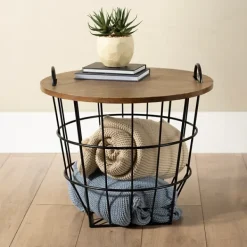 Accent & End Tables-Kirkland's Home Industrial Wire And Wood Basket Side Table Black