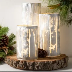 Candle Holders-Kirkland's Home Iridescent Reindeer Led Pillar Holders, Set Of 3 White/Silver